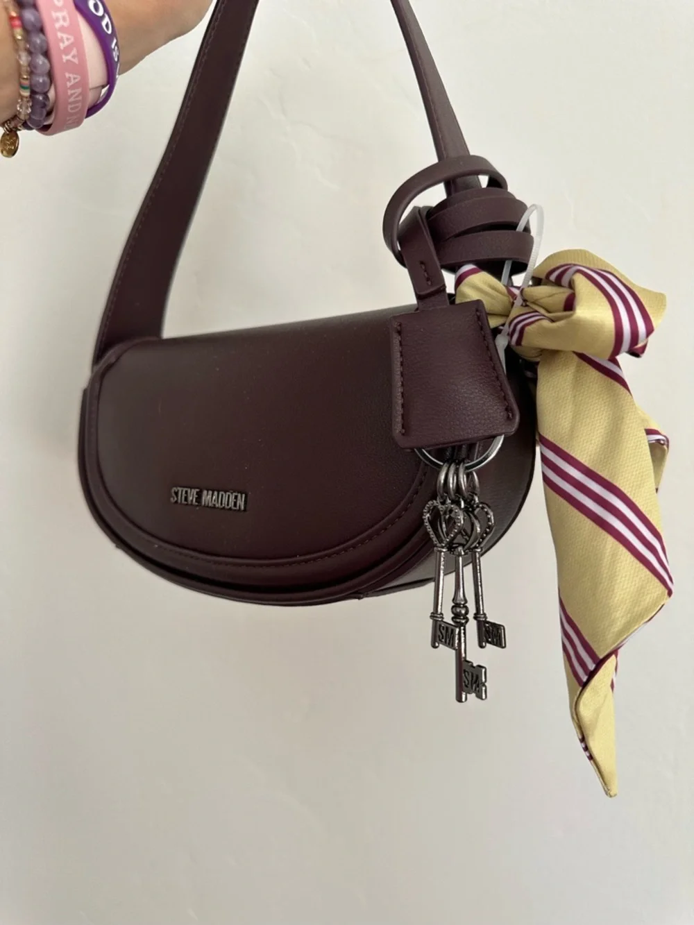 Steve Madden Women’s Dark Brown Leather Shoulder Bag with Silver Hardware